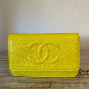 USED CHANEL 2014 Wallet on Chain (neon yellow) caviar leather.